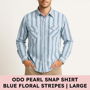 ODO Western Pearl Snap Cotton Shirt Floral Stripe Pattern Large Blue 90s Vintage
